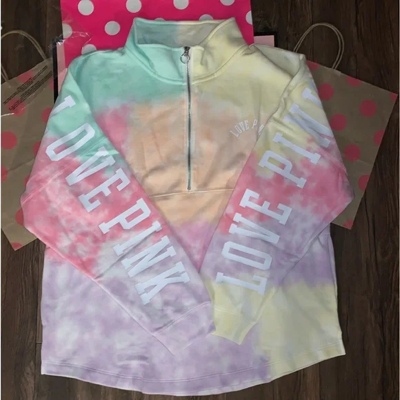 NEW VS PINK Pastel Tie Dye Quarter Zip Logo Varsity Sweatshirt. - Picture 10 of 11